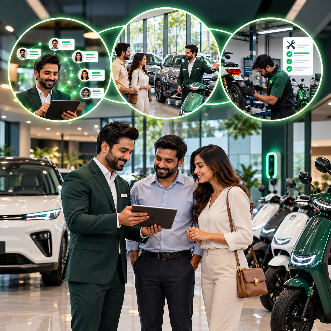 EV dealership consultant advising customers inside a modern electric vehicle showroom in India
