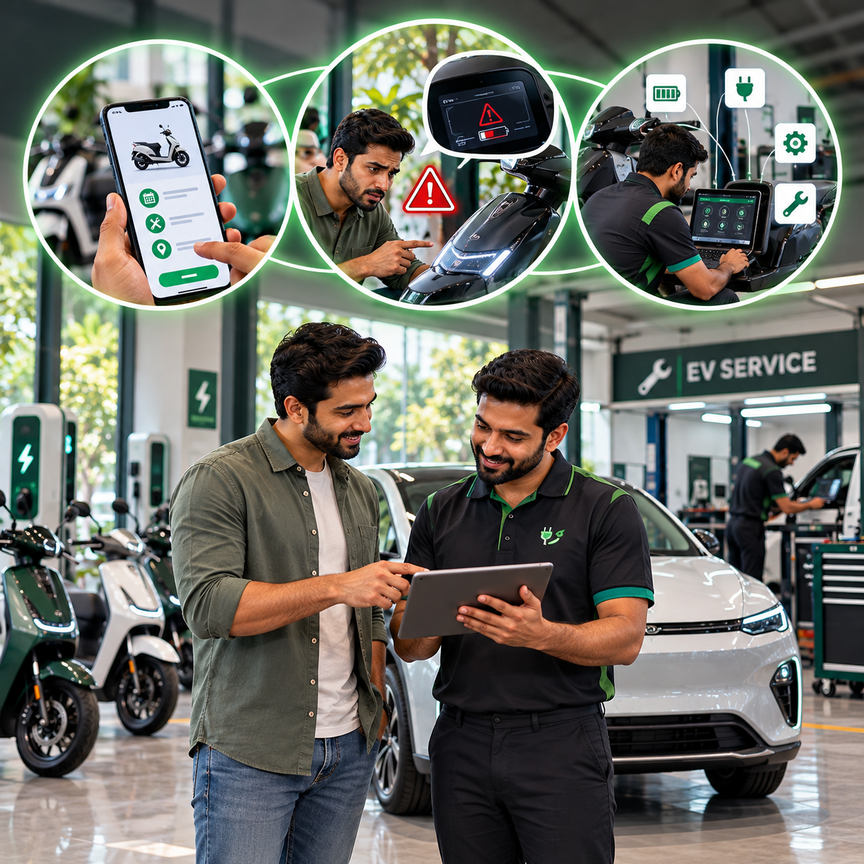 Indian EV owner using a laptop and smartphone to access service, battery and charging support